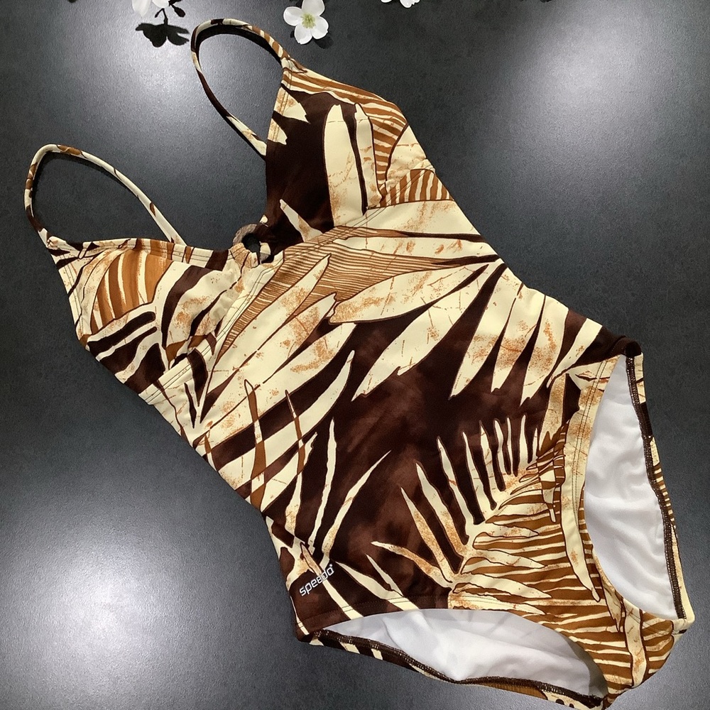 Speedo Palm Frond Safari Leaves One Piece Swimsuit Triangle Wood Look O Ring